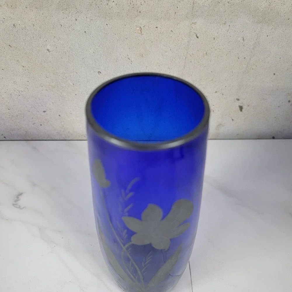 Vintage Cobalt Blue Czech Glass 8.5 Inch Vase Hand Painted‎ Silver Flowers